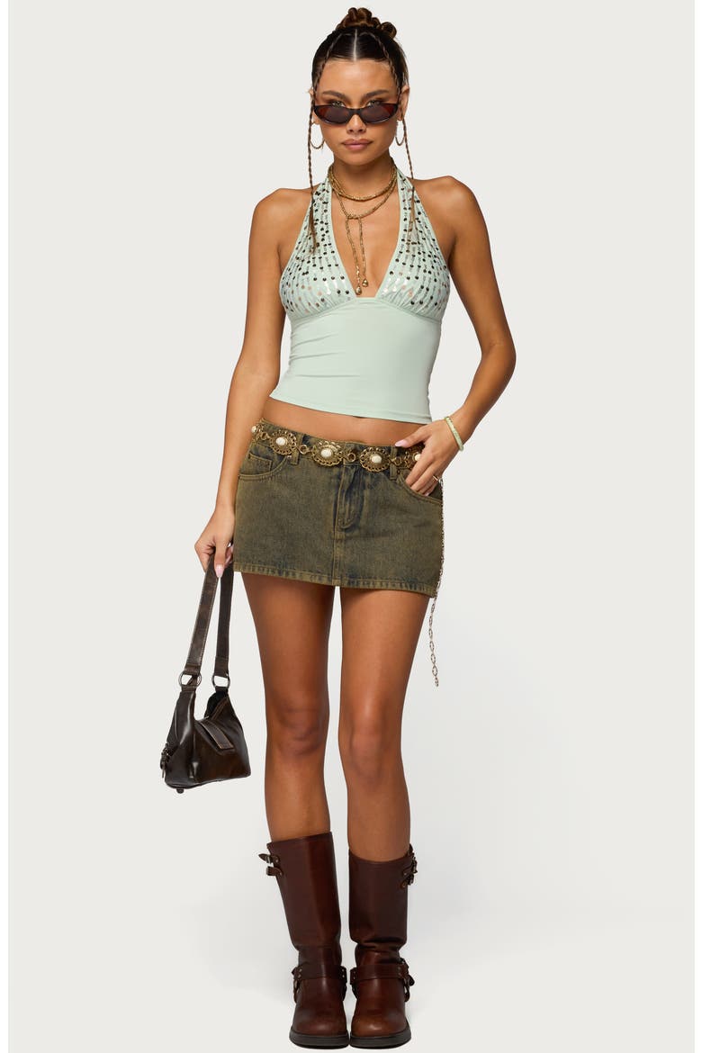 Sequin EMbellished Plunge Neck Halter Top, Alternate, color, SAGE