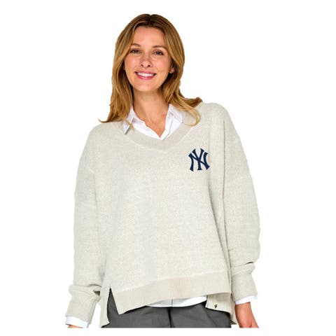 Women's Soft as a Grape  Beige New York Yankees Popcorn V-Neck Sweater