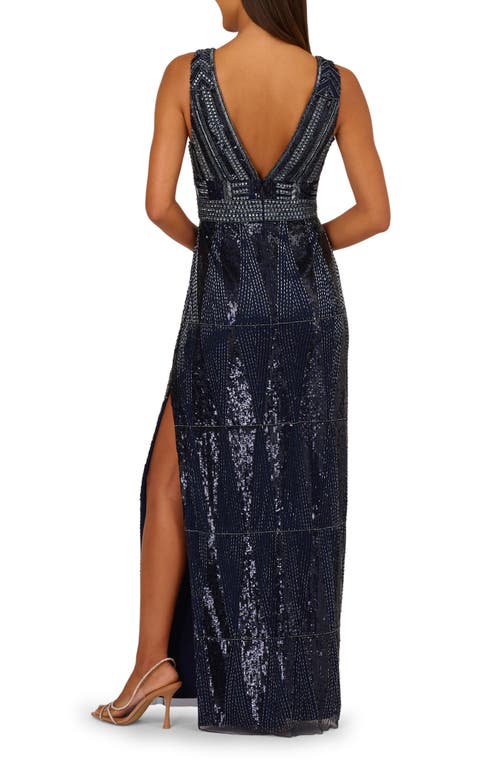 Aidan Mattox Plunge Neck Beaded Gown In Black