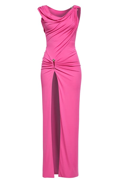 Versace Safety-pin Draped Crepe Jersey Slit Gown In Pink