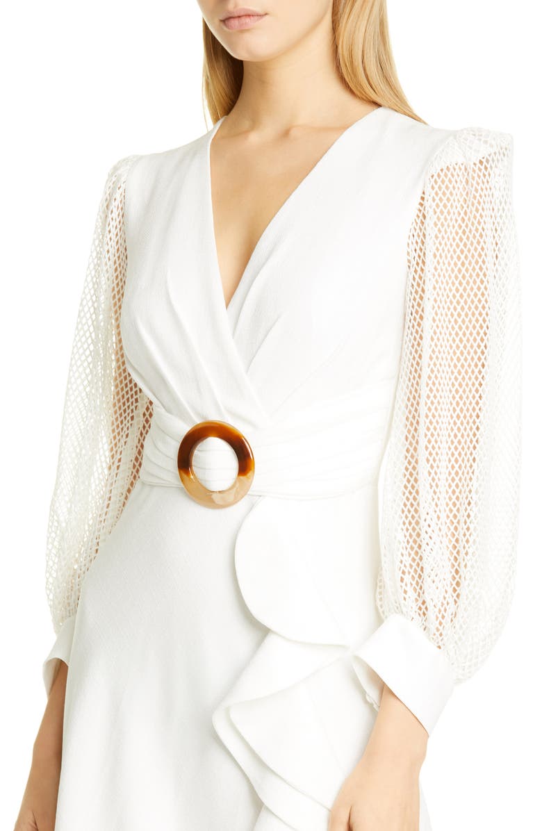 PatBO Patricia Bonaldi PatBO Mesh Trim Belted Midi Dress, Alternate, color, 