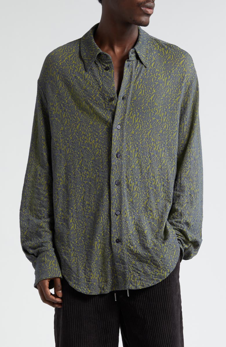 Eckhaus Latta Who's Paying For All This Shrunken Cotton Blend Button-Up Shirt, Main, color,
