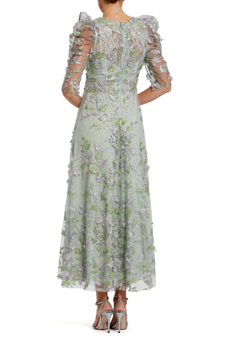 Applique High Neck 3/4 Puff Sleeve A Line Dress, Alternate, color, Sage