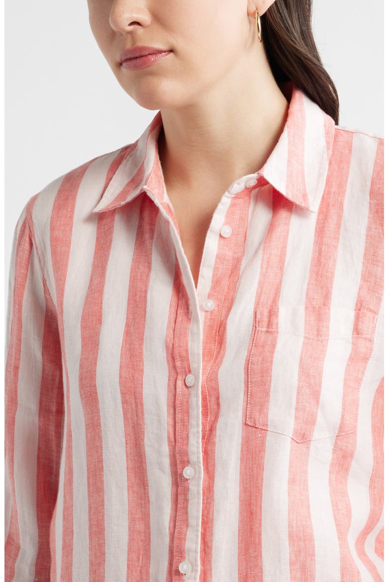 Casual Linen Button-Up Shirt, Alternate, color, PINK- CORAL CABANA STRIPE