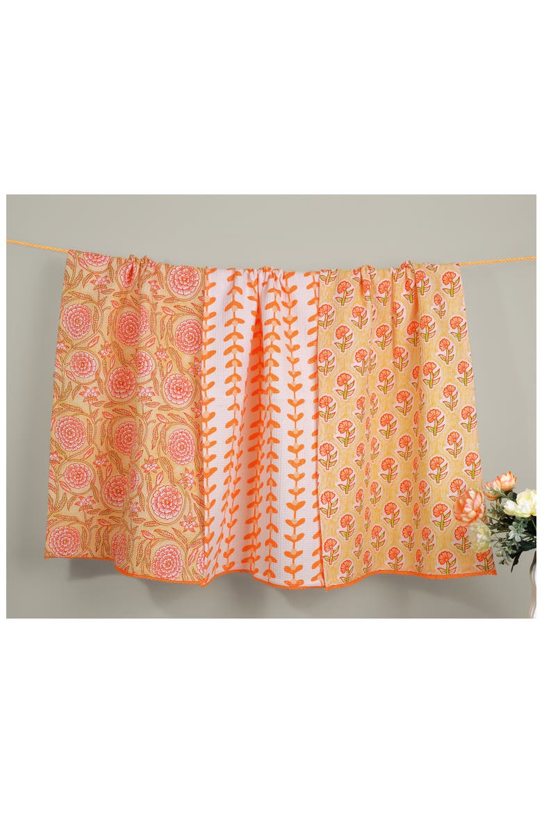 Set of Three Marigold Block Print Kitchen Towels, Alternate, color, TERRACOTTA/ PEACH