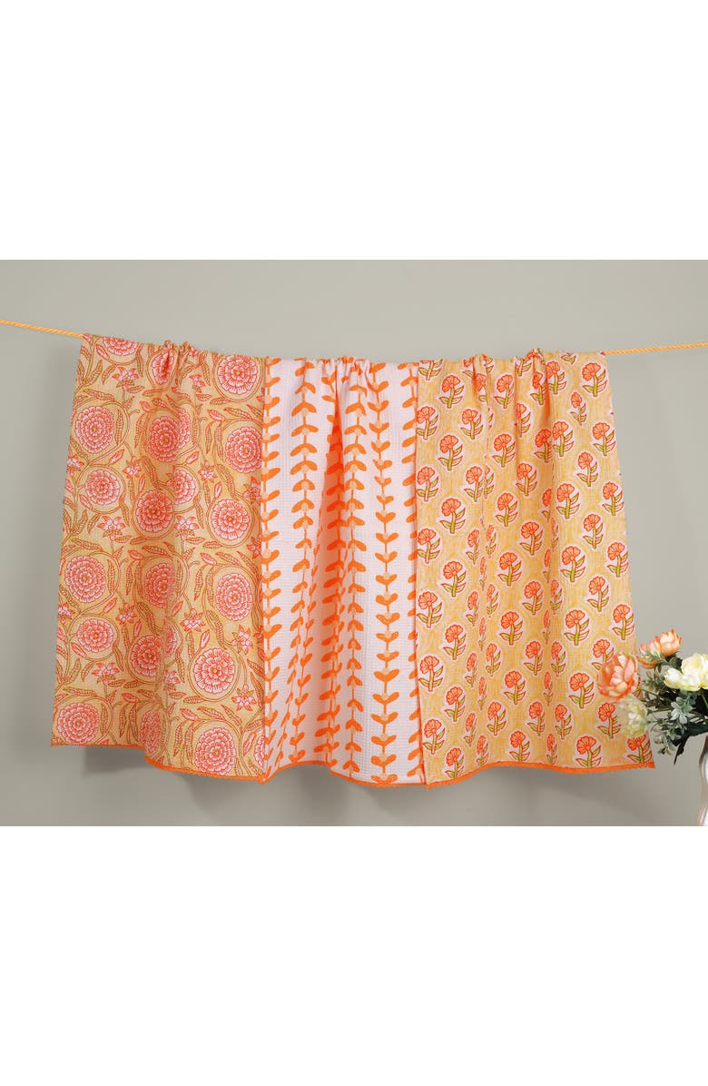 Tiramisu Set of Three Marigold Block Print Kitchen Towels, Alternate, color, Terracotta/ Peach