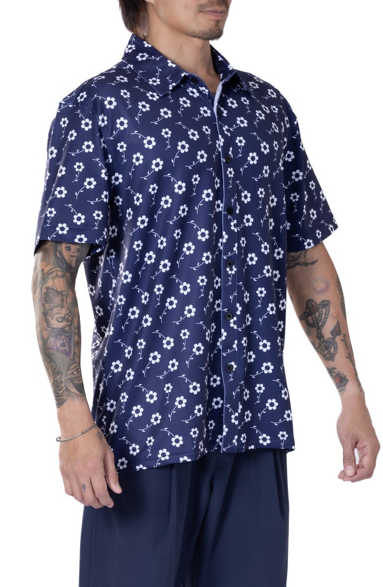 VAST Positive Floral Short Sleeve Performance Button-Up Shirt, Alternate, color, Navy