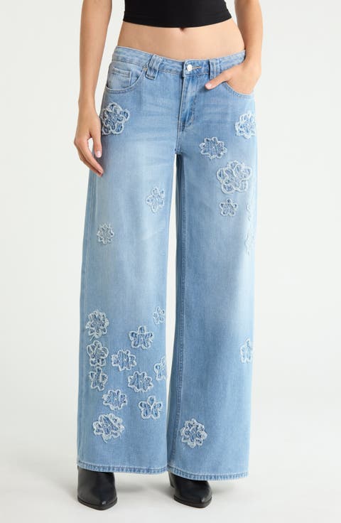 Maya Floral Appliqué Mid Rise Ultra Wide Leg Jeans