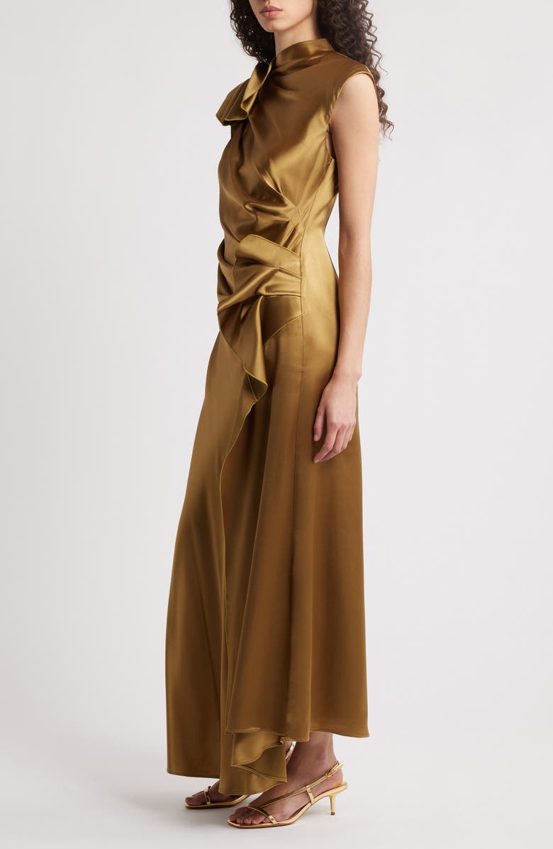 Acler Ramshaw Metallic Pleated Satin Gown, Alternate, color, Golden Moss
