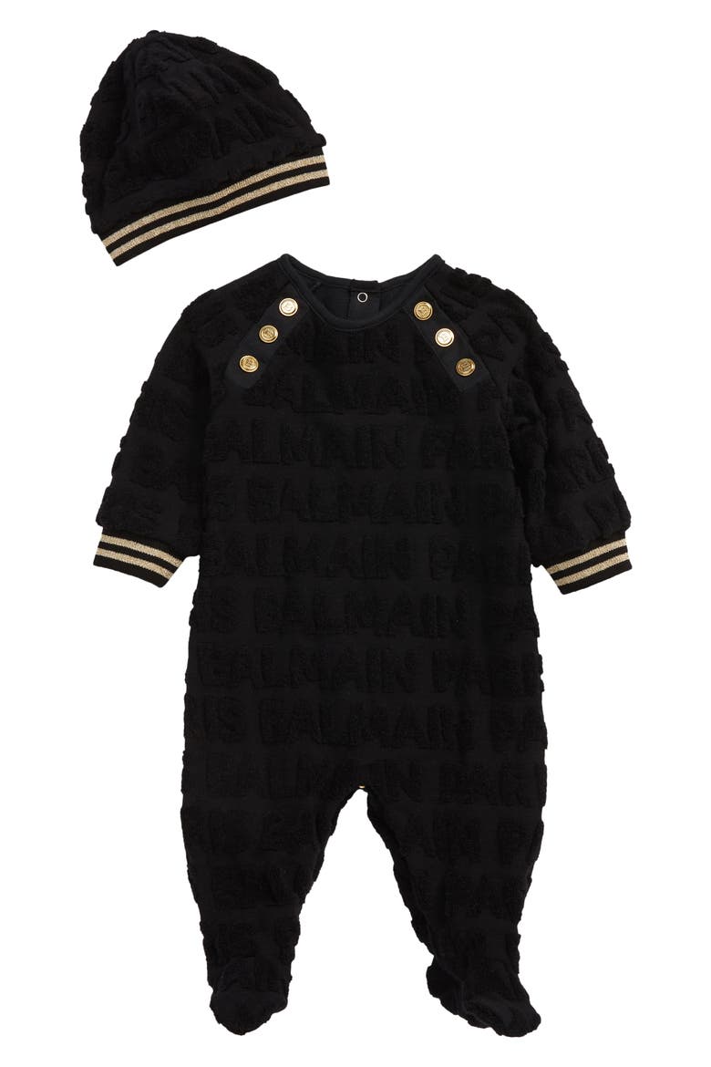 Chenille Logo Footie & Hat Set, Main, color, BLACK