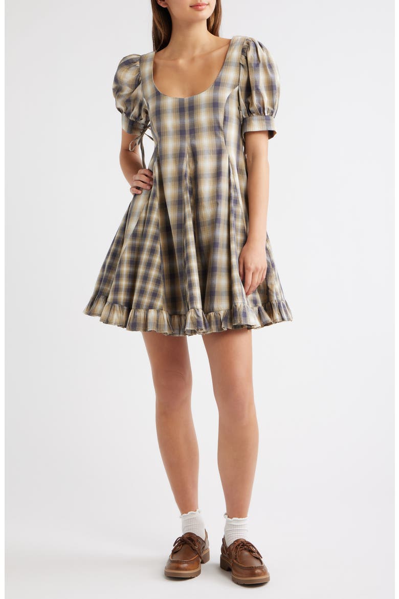 Sabina Plaid Mini Godet Dress, Main, color, CARDAMON