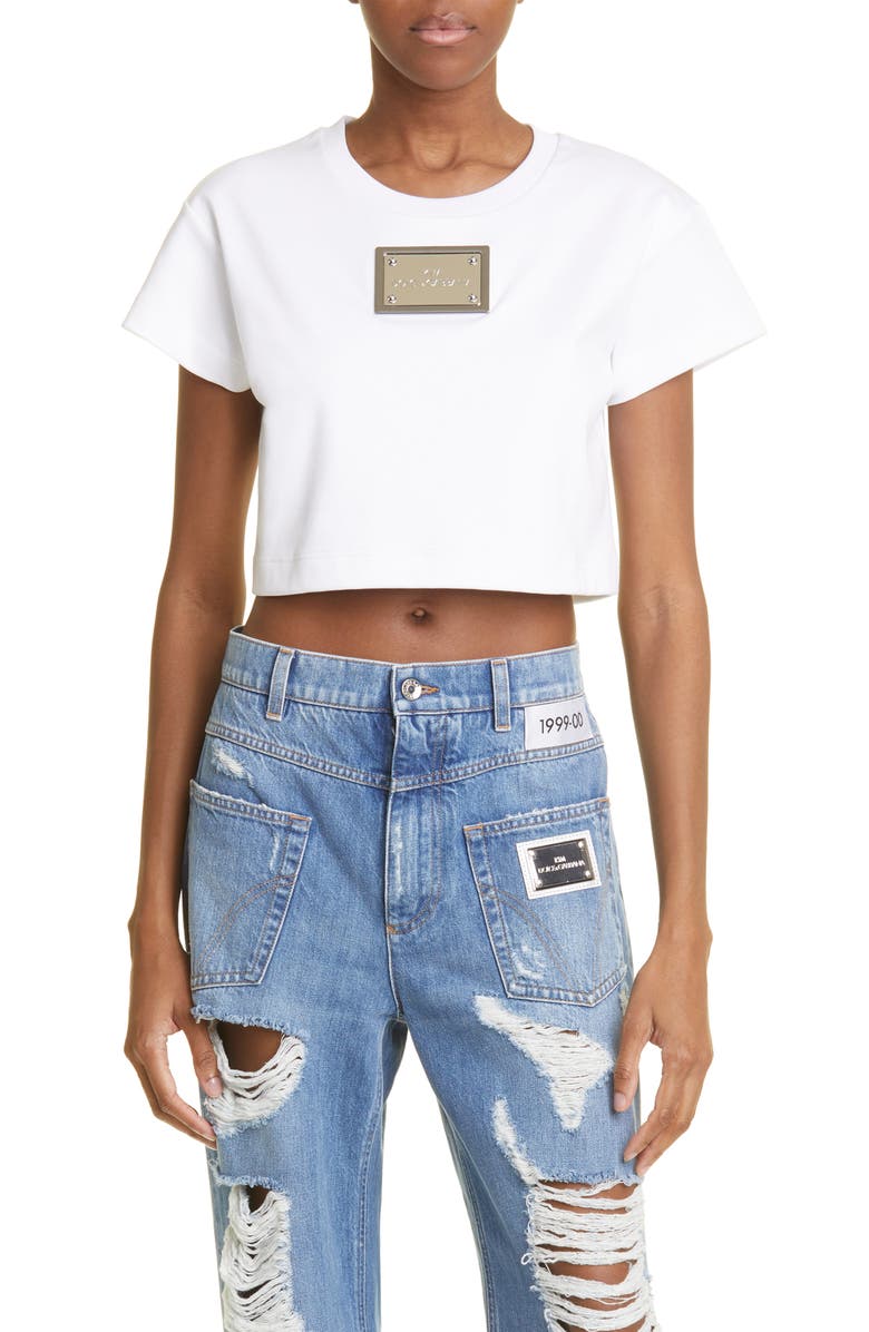Dolce&Gabbana Kim Logo Plaque Short Sleeve Crop T-Shirt, Main, color, 