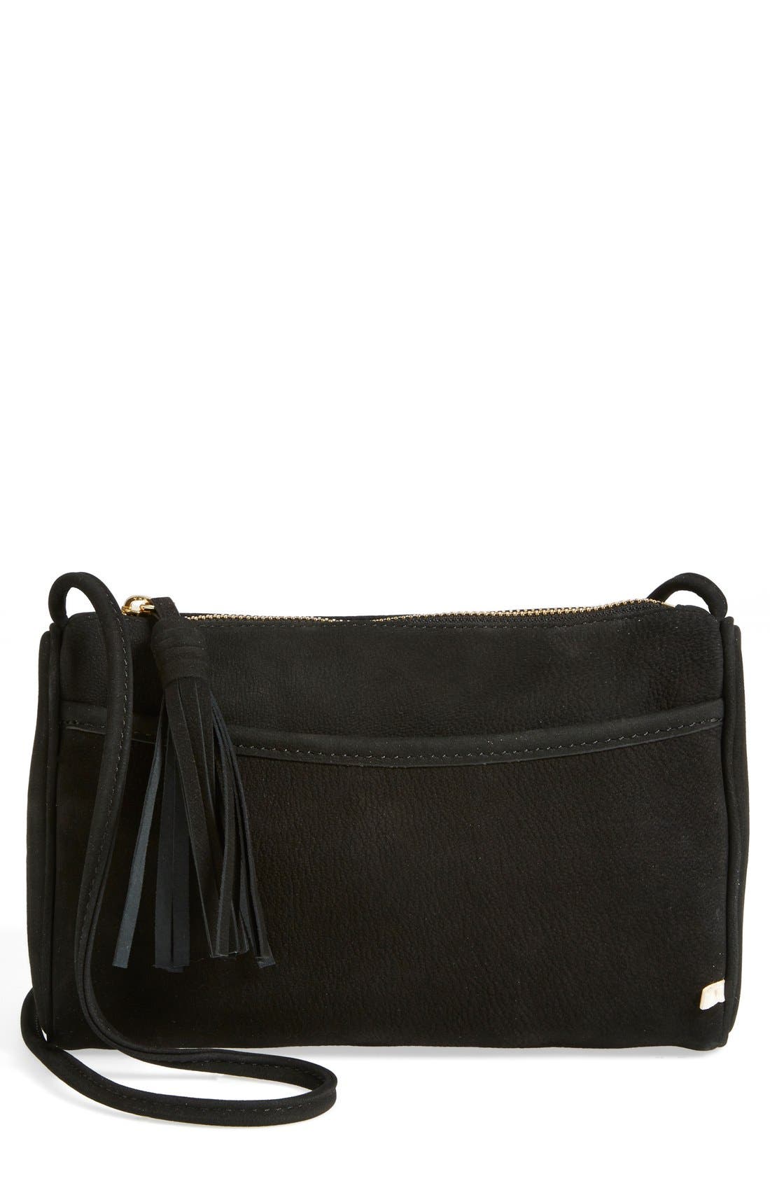 'Crosstown' Nubuck Crossbody Bag, Main, color, BLACK