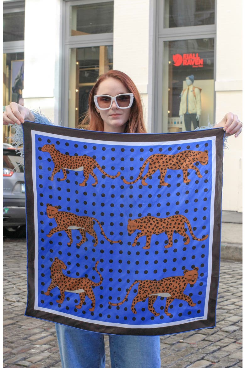 Double Sided Silk Scarf Of Blue Leopards Garden, Alternate, color, Blue