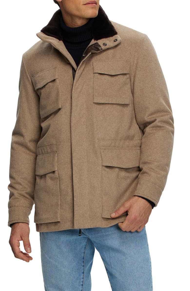GORSKI Mens Fabric Jacket with Genuine Shearling Collar, Main, color, Light Brown
