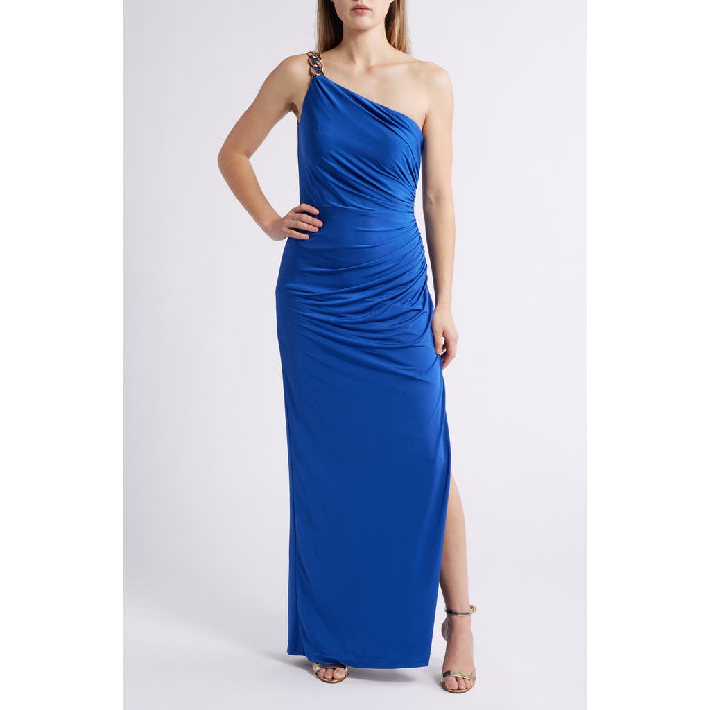 Vince Camuto Ruched Chain Detail One-shoulder Gown In Cobalt