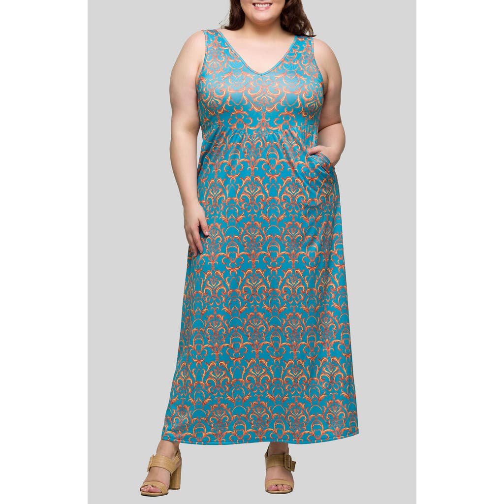 24seven Comfort Apparel Plus Size Sleeveless V-neck Maxi Dress With Pockets In Blue