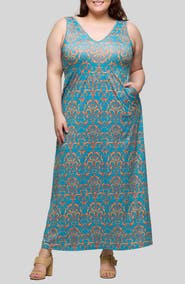 24seven Comfort Apparel Scroll Print Knit Maxi Dress