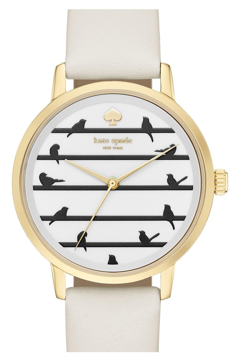 'birds on a wire - metro' leather strap watch, 34mm, Main, color, WHITE/ WHITE
