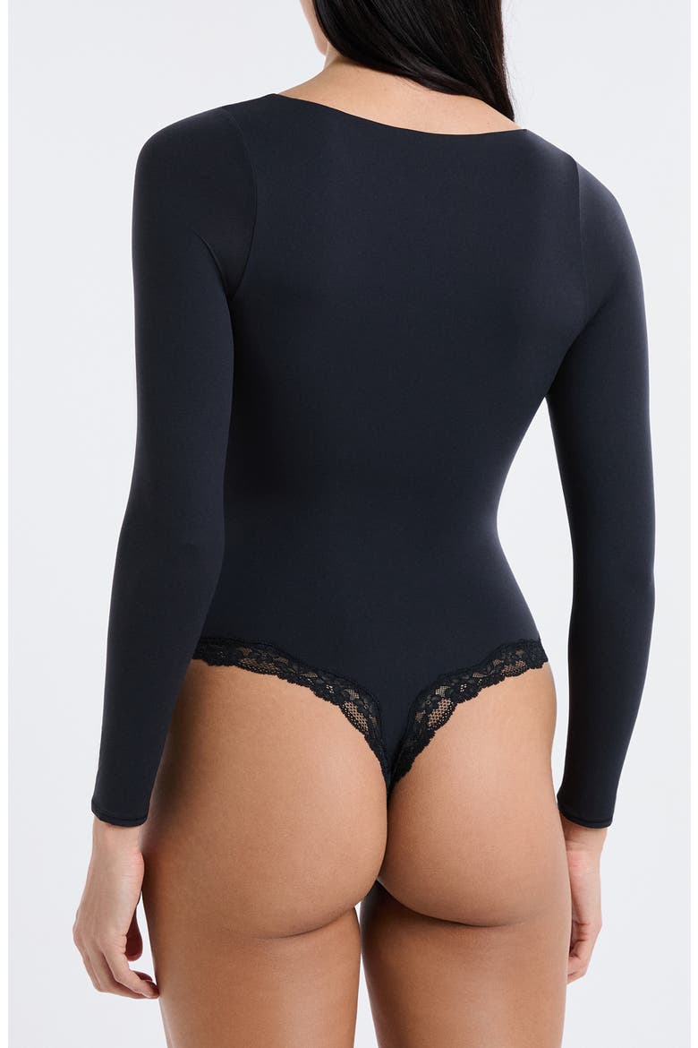 Pure Soft Lace Trim Bodysuit, Alternate, color, BLACK