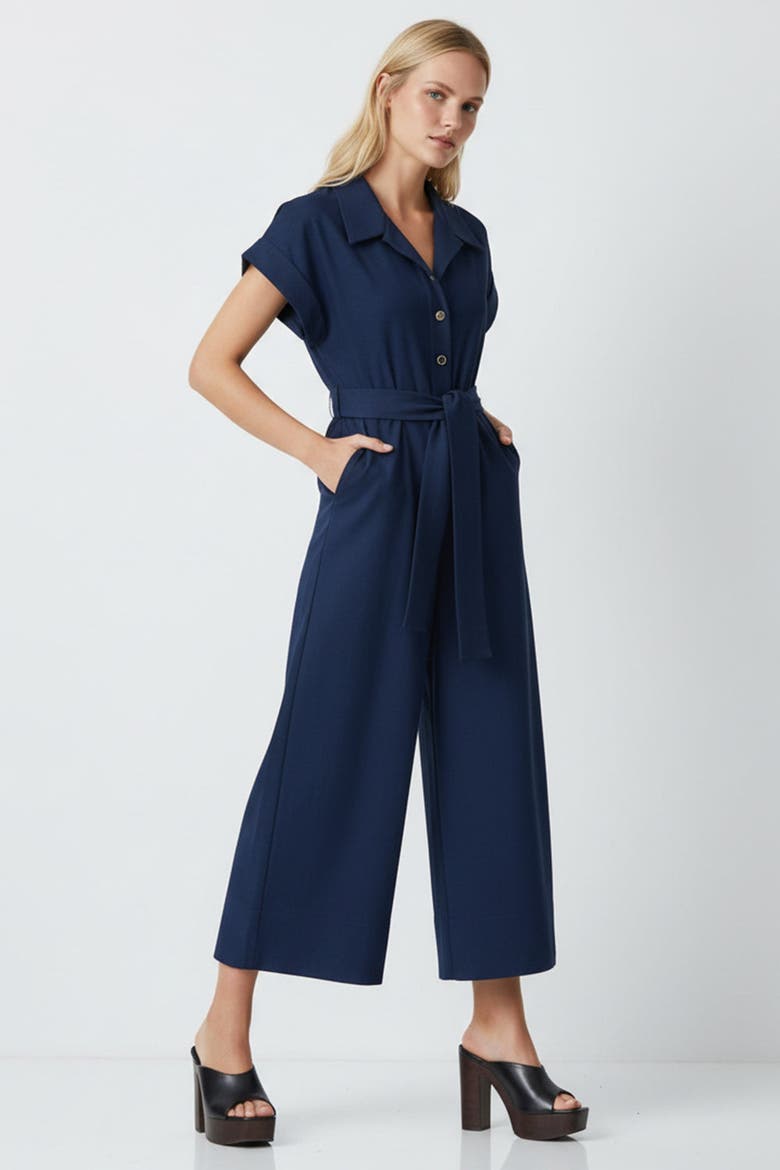 Leatrice Short Sleeve Belted Midi Jumpsuit, Alternate, color, Navy
