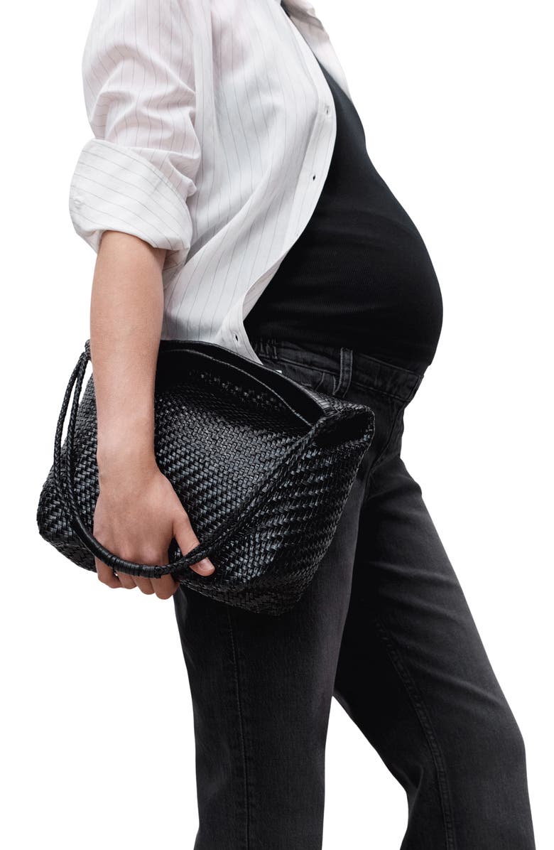 MANGO Over the Bump Raw Hem Straight Leg Maternity Jeans, Alternate, color, Black Denim