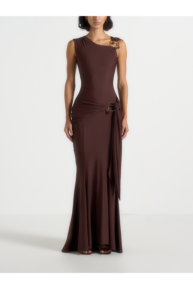 Rania Asymmetric Draped Midaxi Dress, Alternate, color, Brown