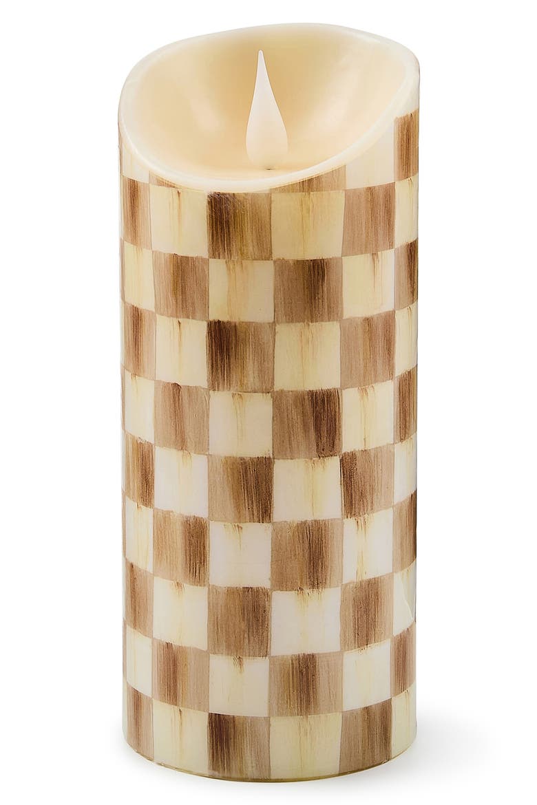 Mocha Check 7-Inch Flameless Pillar Candle, Main, color, MOCHA