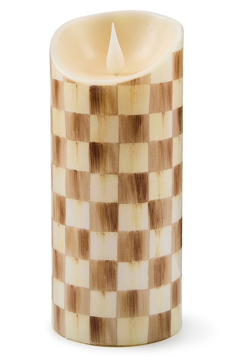 MACKENZIE CHILDS Mocha Check 7-Inch Flameless Pillar Candle, Main, color, Mocha