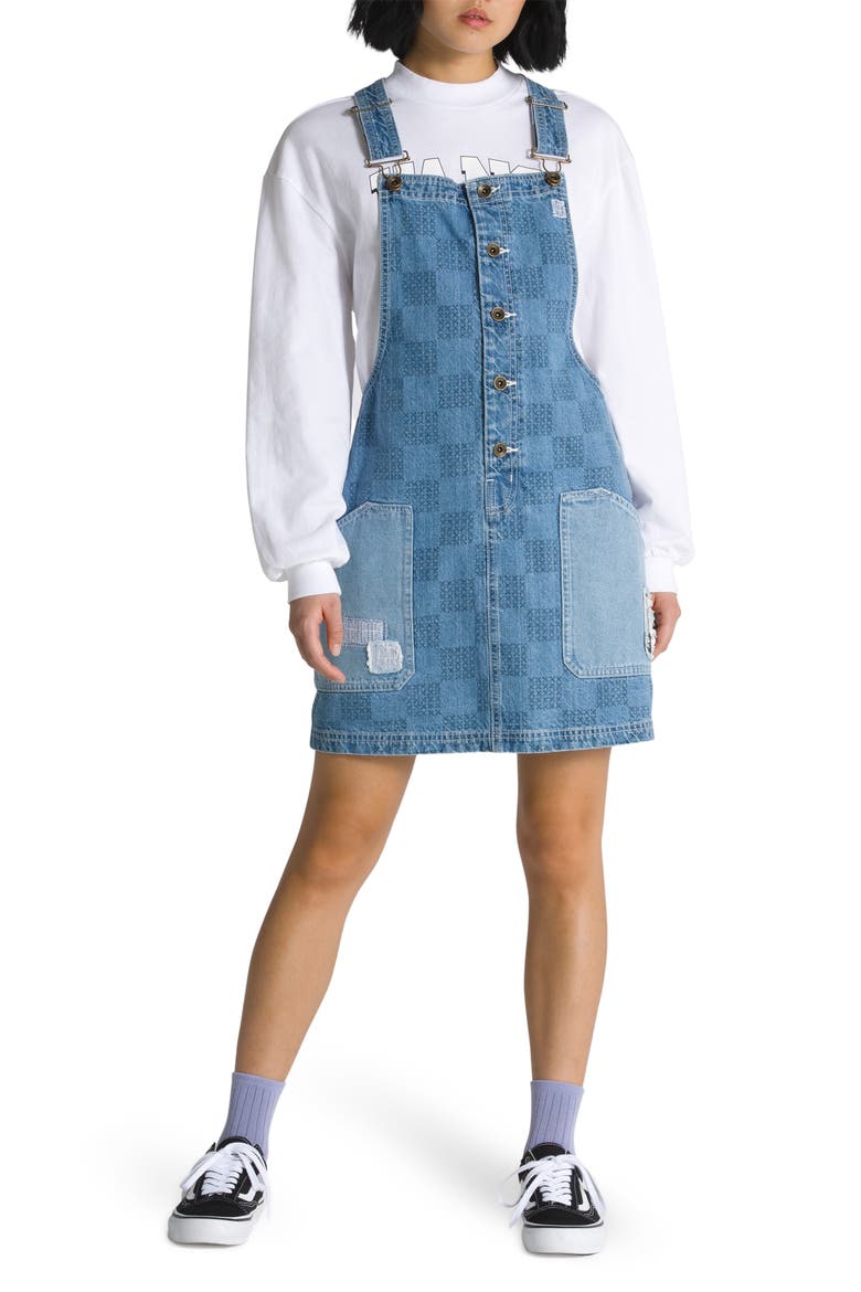 Mended Check Denim Pinafore Dress, Main, color, STONE WASH MENDED CHECK DENIM