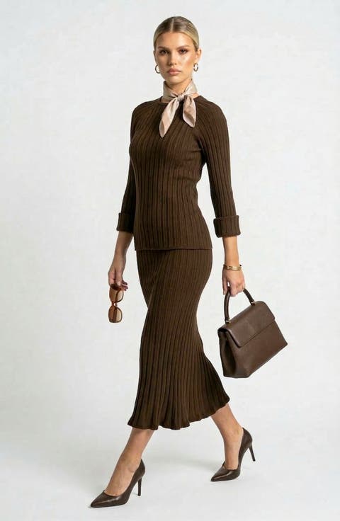 Long Sleeve Ribbed Knit Top and Midi Skirt Set