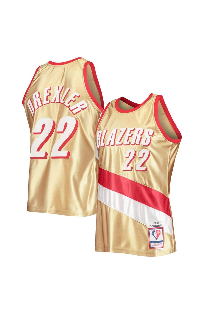 Mitchell & Ness Men's Mitchell & Ness Clyde Drexler Gold Portland Trail Blazers 75th Anniversary 1991/92 Hardwood Classics Swingman Jersey, Main, color, 