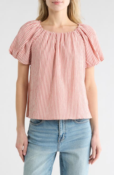 Stripe Puff Sleeve Seersucker Top