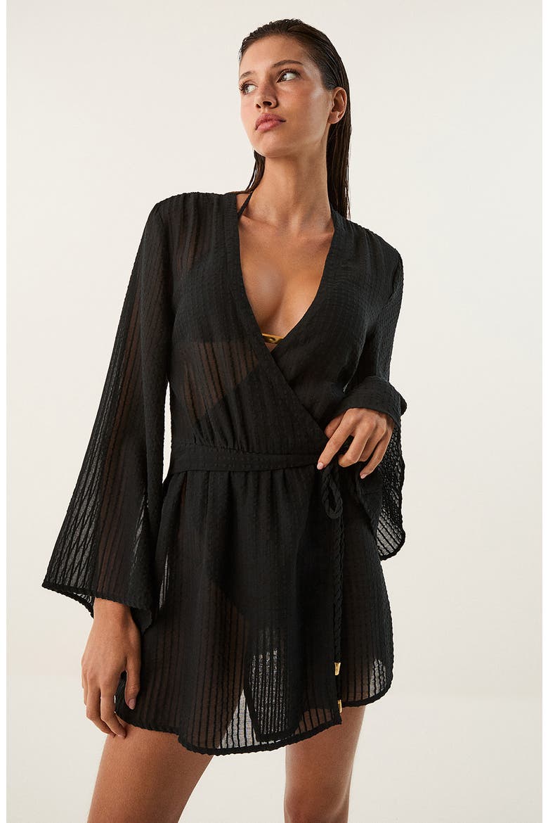 Winnie Long Sleeve Sheer Linen Blend Cover-Up Wrap Minidress, Alternate, color, BLACK