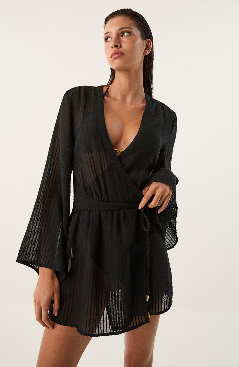 ViX Paula Hermanny Winnie Long Sleeve Sheer Linen Blend Cover-Up Wrap Minidress, Alternate, color, Black