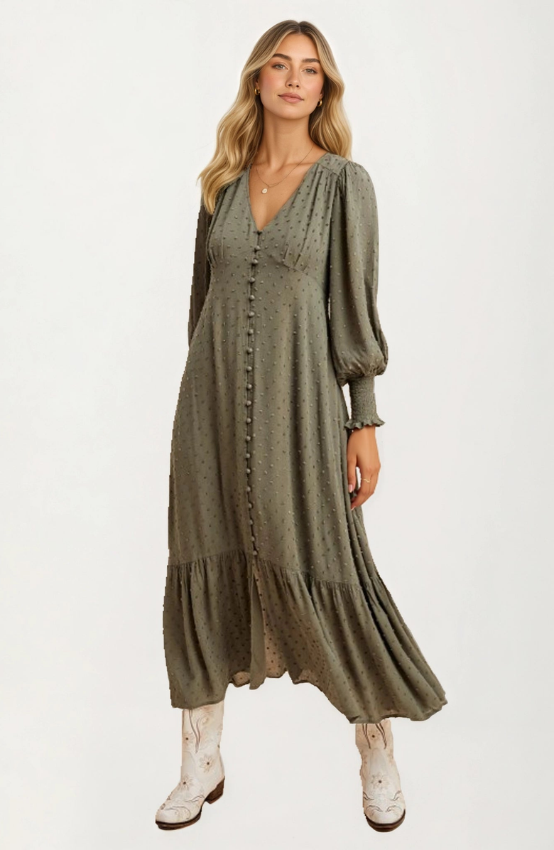 Knit and Lounge Button Front Puff Sleeve Maxi Dress, Alternate, color, 