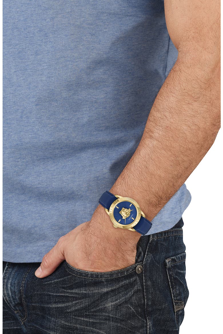 V-Code Swiss Quartz Leather Strap Watch, 43mm, Alternate, color, GOLD