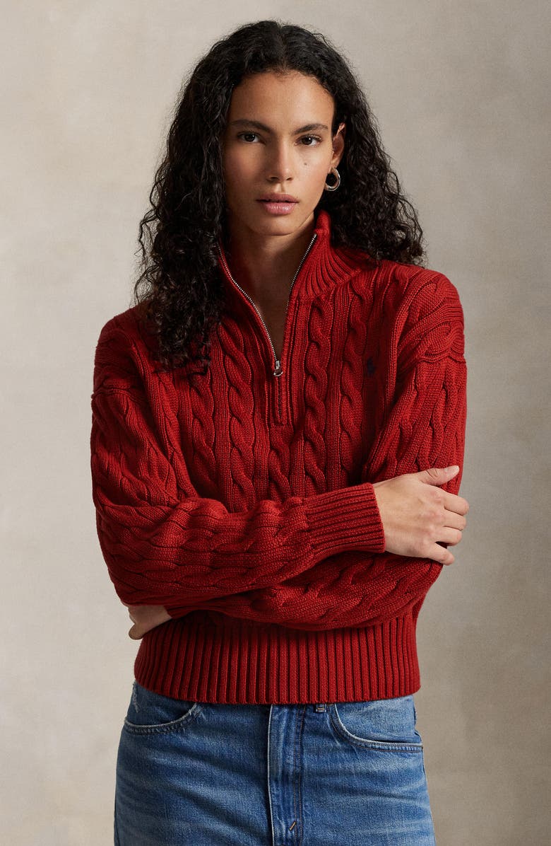 Polo Ralph Lauren Cable Stitch Quarter Zip Sweater, Alternate, color, Brick