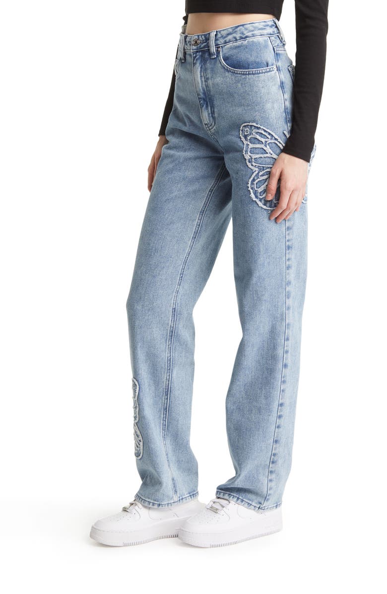 PacSun '90s Butterfly Patch Straight Leg Jeans, Alternate, color, 
