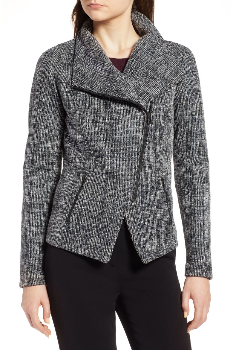 Bonded Tweed Asymmetrical Zip Jacket, Alternate, color, BLACK- IVORY TWEED