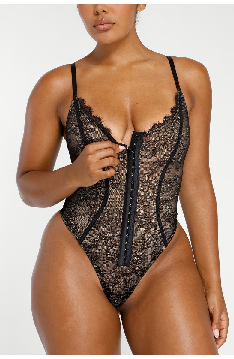 Shapellx Lace Glamour Flawless Fit Thong Bodysuit, Alternate, color, Jet Black