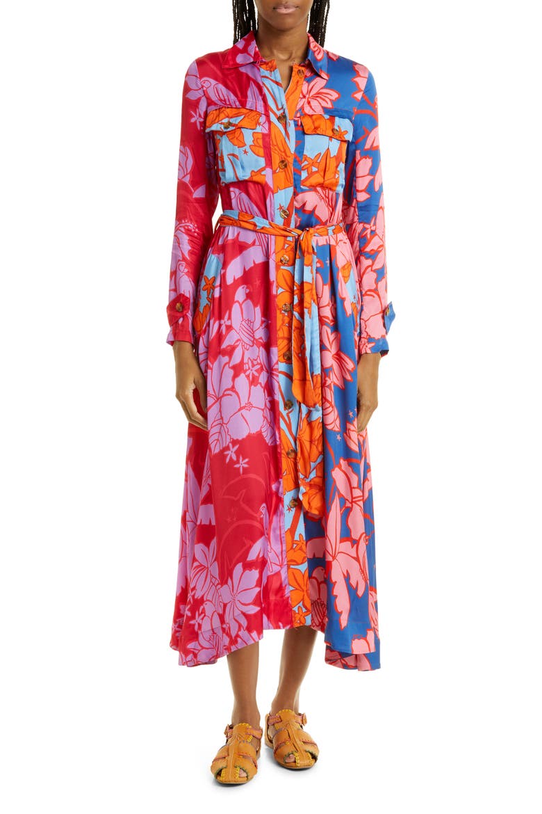 Floral Print Tie Waist Long Sleeve Midi Dress, Main, color, PINK