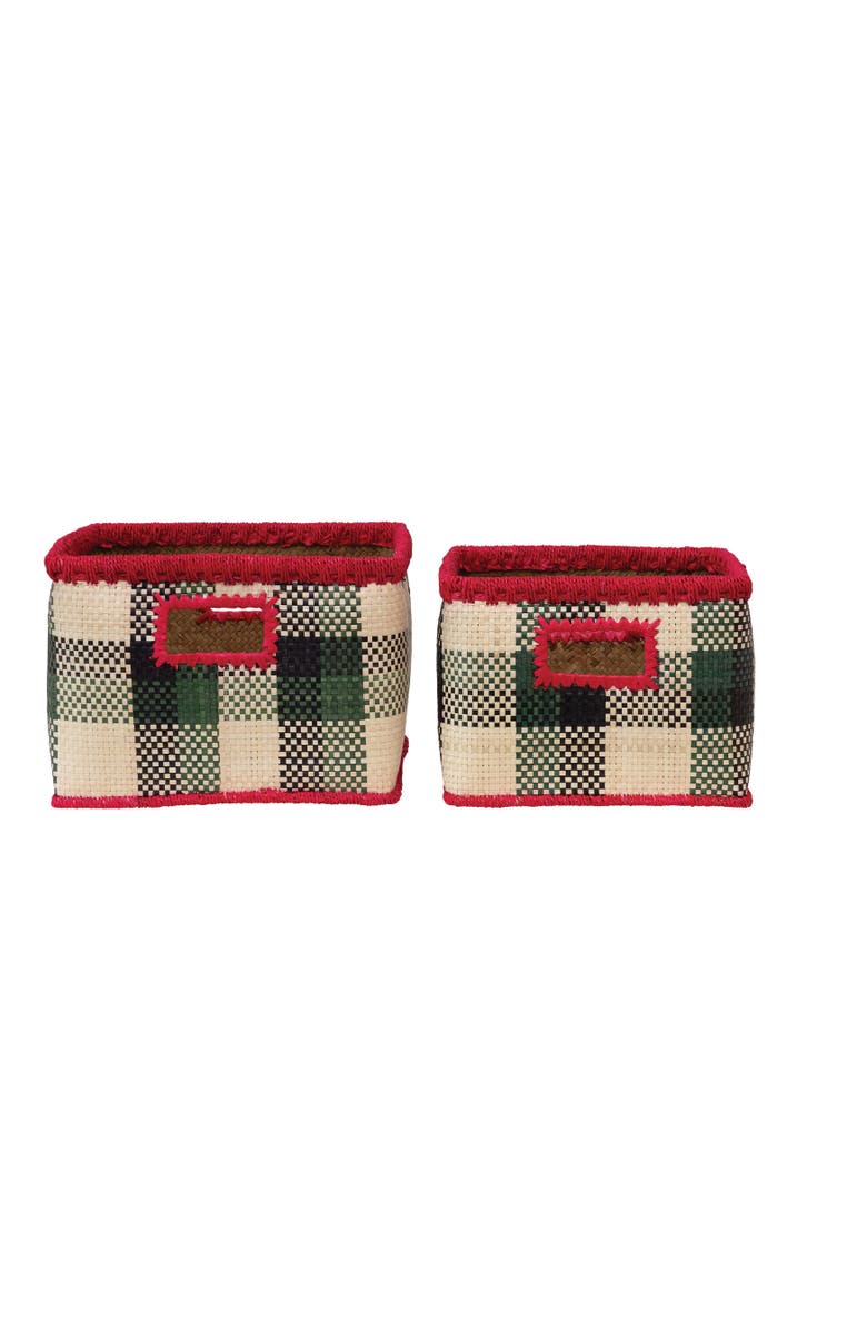 Storied Home Hand-Woven Seagrass Baskets with Check Pattern & Fuchsia Trim, Black, Green & Natural, Set of 2, Main, color, Black