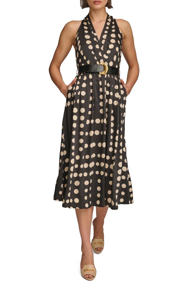 Polka Dot Belted Midi Dress, Main, color, BLACK/ CANVAS
