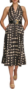 Donna Karan New York Polka Dot Belted Midi Dress