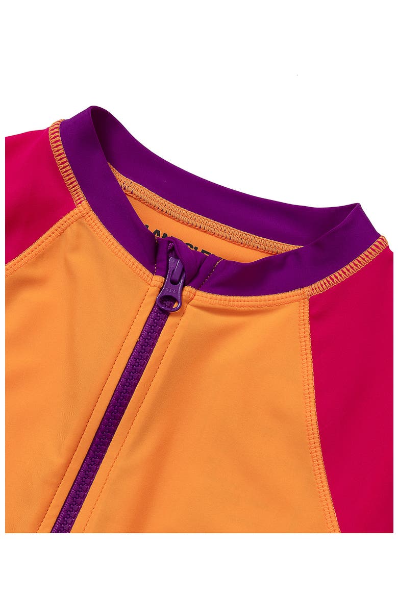 Girls Long Sleeve Zip Front UPF 50 Rash Guard, Alternate, color, Orange Pop/Pink Colorblock