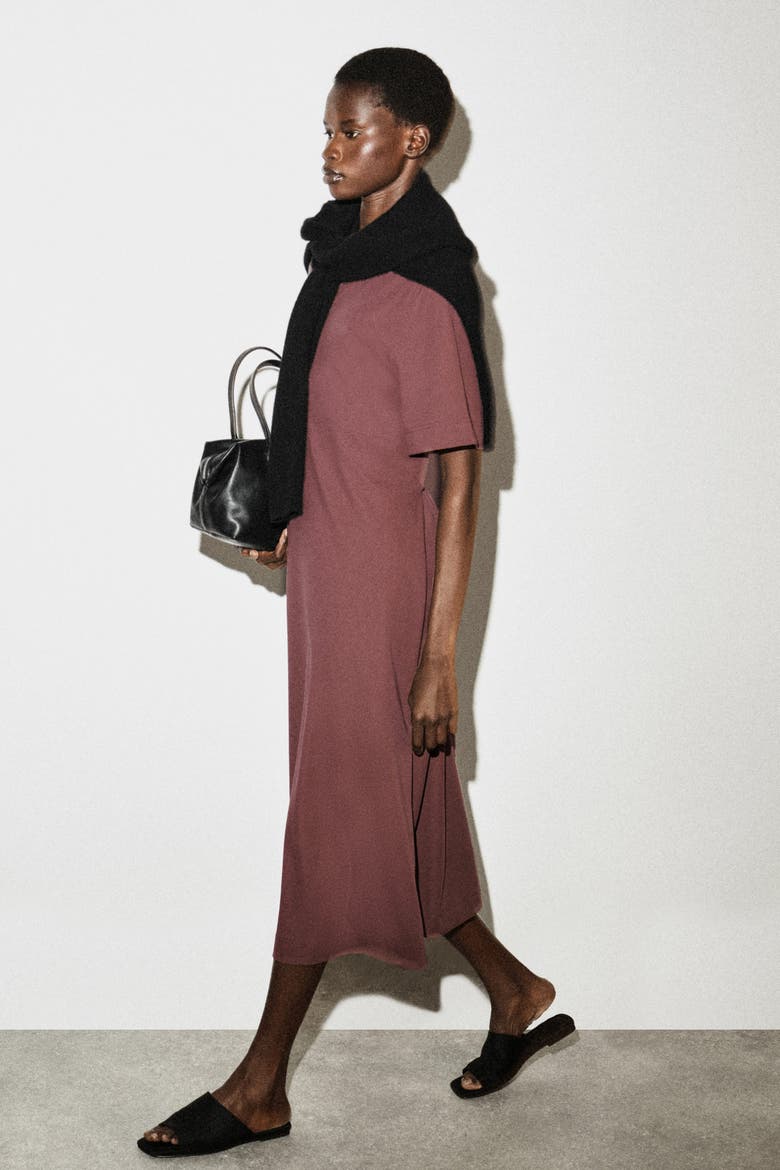 Belt-Detail Midi T-Shirt Dress, Alternate, color, BROWN
