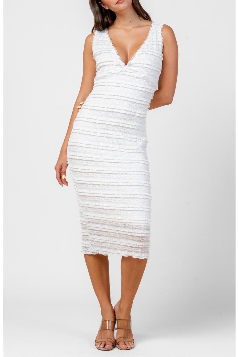V-Neck Frilled Lace Midi Dress, Alternate, color, WHITE