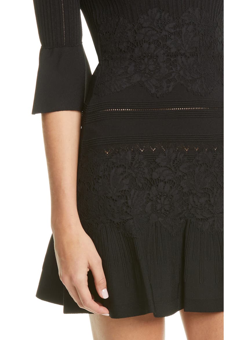 Lace Trim Sweater Dress, Alternate, color, NERO