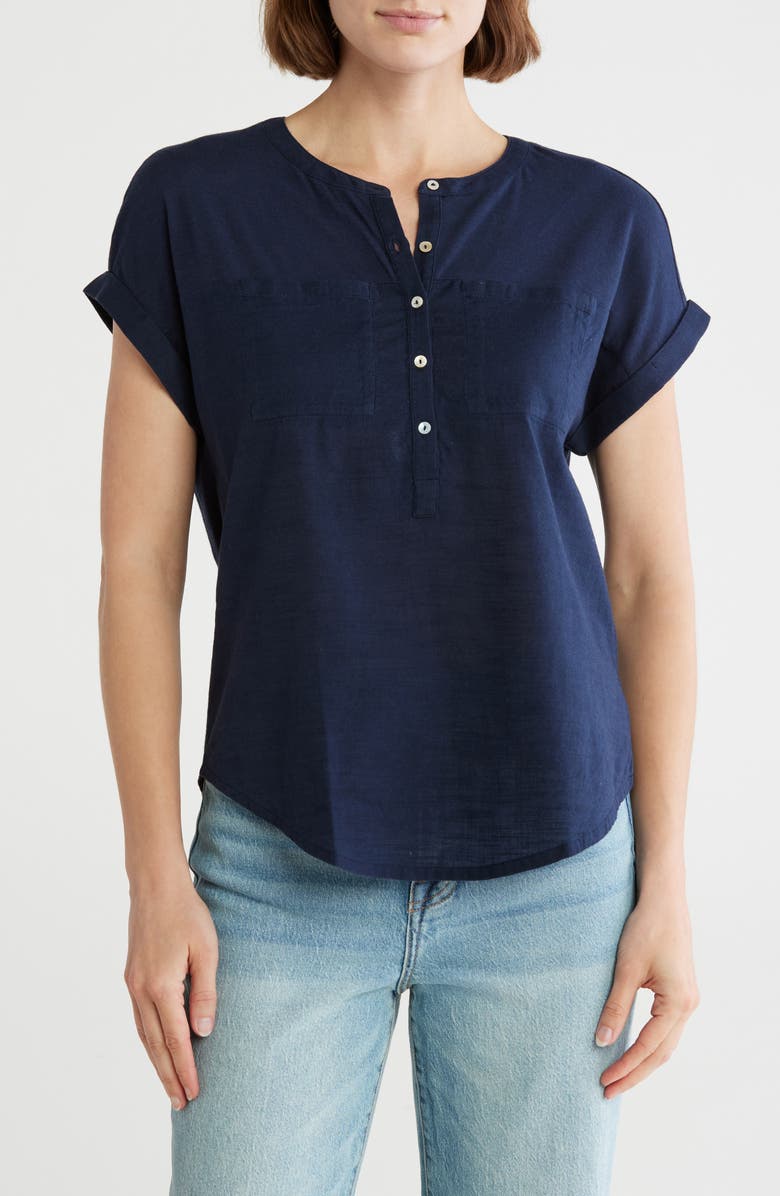 Lucky Brand Mixed Media Short Sleeve Cotton & Modal Henley, Main, color, American Navy